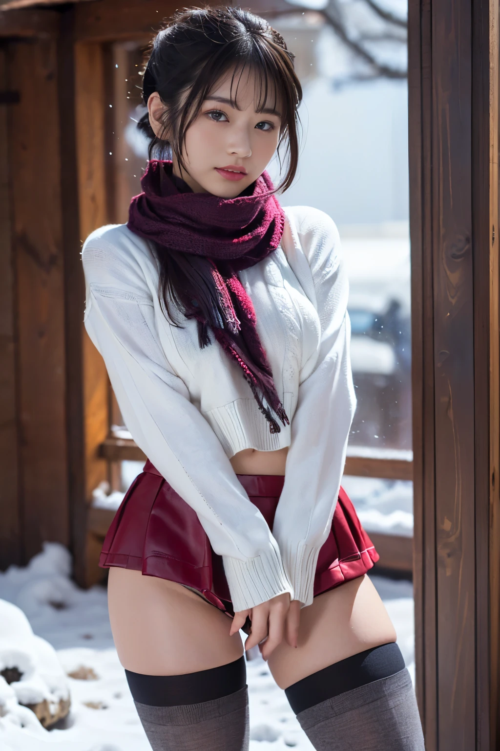 Lie down on your stomach、In full nudity、photographed from the back、fullnude、Colossal tits、No panties、toppless、no-bra、No panties、sensual breasts、hair pin、Hi-Res、Shaded face、short-hair、独奏、Blue eyes、Snow field at sunset、in snow、A slight smil、Ash gray hair、long boots、Plaid pleated skirt