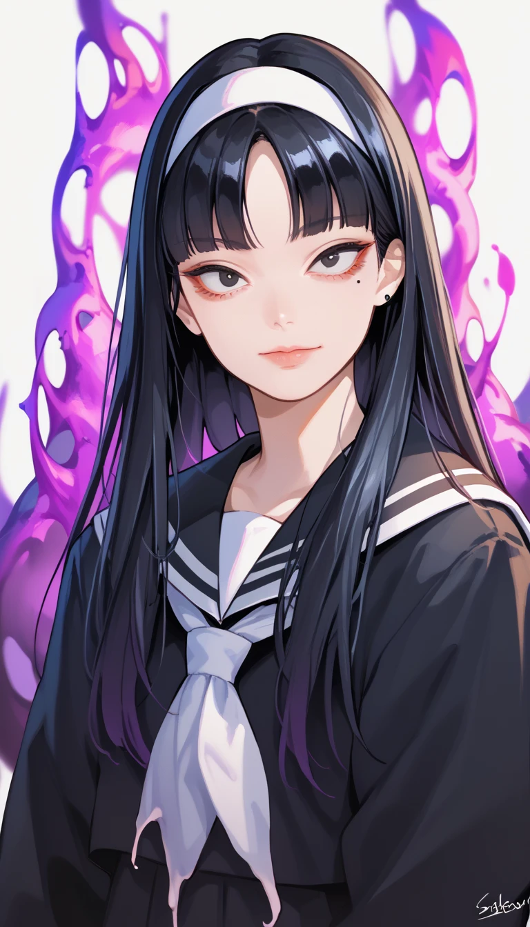 Score_9, score_8_up, score_7_up, score_6_up, source_anime, rating:general, 1girl, gothic girl, pale white skin, black eyes, black hair, long hair, blunt bangs, parted bangs, white hairband, mole under left eye, portrait, sailor suit school uniform, head tilt, sultry look, mysterious, 8k quality, vivid colors, perfect lighting, perfect shadowing, purple SmokeyAura, purple Aura, purple Smoke, eldritch eyeballs, lovecraftian