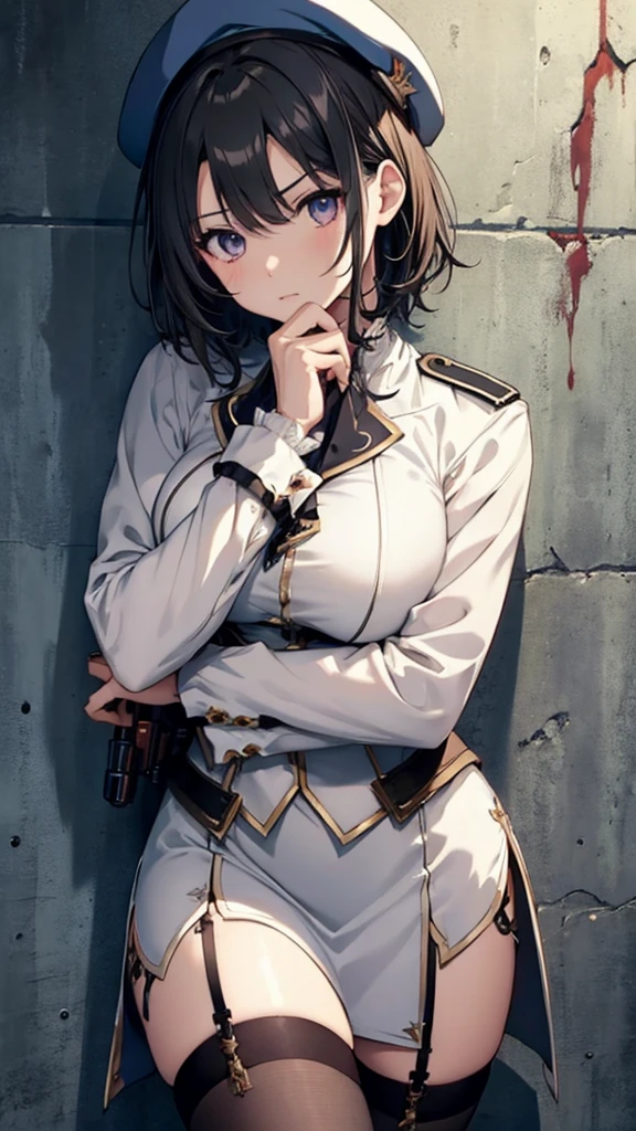  dark-haired girl ,(( short hair ))(( Big Breasts :0.6)),  Tactical Boots  ,Futuristic gun,Rain environment,  high image quality,8k,  super detailed  ,  surreal(()),masterpiece,  cinematic lighting ,Dramatic lighting,  Dramatic Poses, High Definition Facial Contours ,非常に  realistic  ,  realistic  ,((Heavy Rain:1.3)).  Beautiful details ,  beautiful lip details  ,   High Detailed Eyes and Faces   ,  with long eyelashes ,  1 girl,  concept art,   Frame Location   、Shiny Futuristic gun、((Bloodstain:0.9))Vivid Depiction of the Human Body  、beret、uniform、 Thailand、 Knee-length skirt 、((Heart-wrenching Clothes  :0.6))  Holes are in the center of the poster .々stand,  スThailandリッシュでエッジの効いた服を着る ,   expression of determination. The background is dark、 There is danger and tension, Text is in Bold and Eye Catching ,   Catchy taglines that create a dramatic and exciting atmosphere.  The color palette is mostly dark ,((Sharp expression))  Posters are dynamic and visually impressive .,  Character Portraits  (())(())((  lean against the wall  :1.6))((  cross your arms slightly))