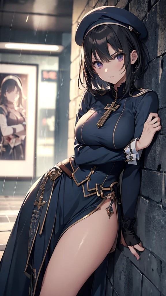  dark-haired girl ,(( short hair ))(( Big Breasts :0.6)),  Tactical Boots  ,Futuristic gun,Rain environment,  high image quality,8k,  super detailed  ,  surreal(()),masterpiece,  cinematic lighting ,Dramatic lighting,  Dramatic Poses, High Definition Facial Contours ,非常に  realistic  ,  realistic  ,((Heavy Rain:1.3)).  Beautiful details ,  beautiful lip details  ,   High Detailed Eyes and Faces   ,  with long eyelashes ,  1 girl,  concept art,   Frame Location   、Shiny Futuristic gun、((Bloodstain:0.9))Vivid Depiction of the Human Body  、beret、uniform、 Thailand、 Knee-length skirt 、((Heart-wrenching Clothes  :0.6))  Holes are in the center of the poster .々stand,  スThailandリッシュでエッジの効いた服を着る ,   expression of determination. The background is dark、 There is danger and tension, Text is in Bold and Eye Catching ,   Catchy taglines that create a dramatic and exciting atmosphere.  The color palette is mostly dark ,((Sharp expression))  Posters are dynamic and visually impressive .,  Character Portraits  (())(())((  lean against the wall  :1.6))((  cross your arms slightly))