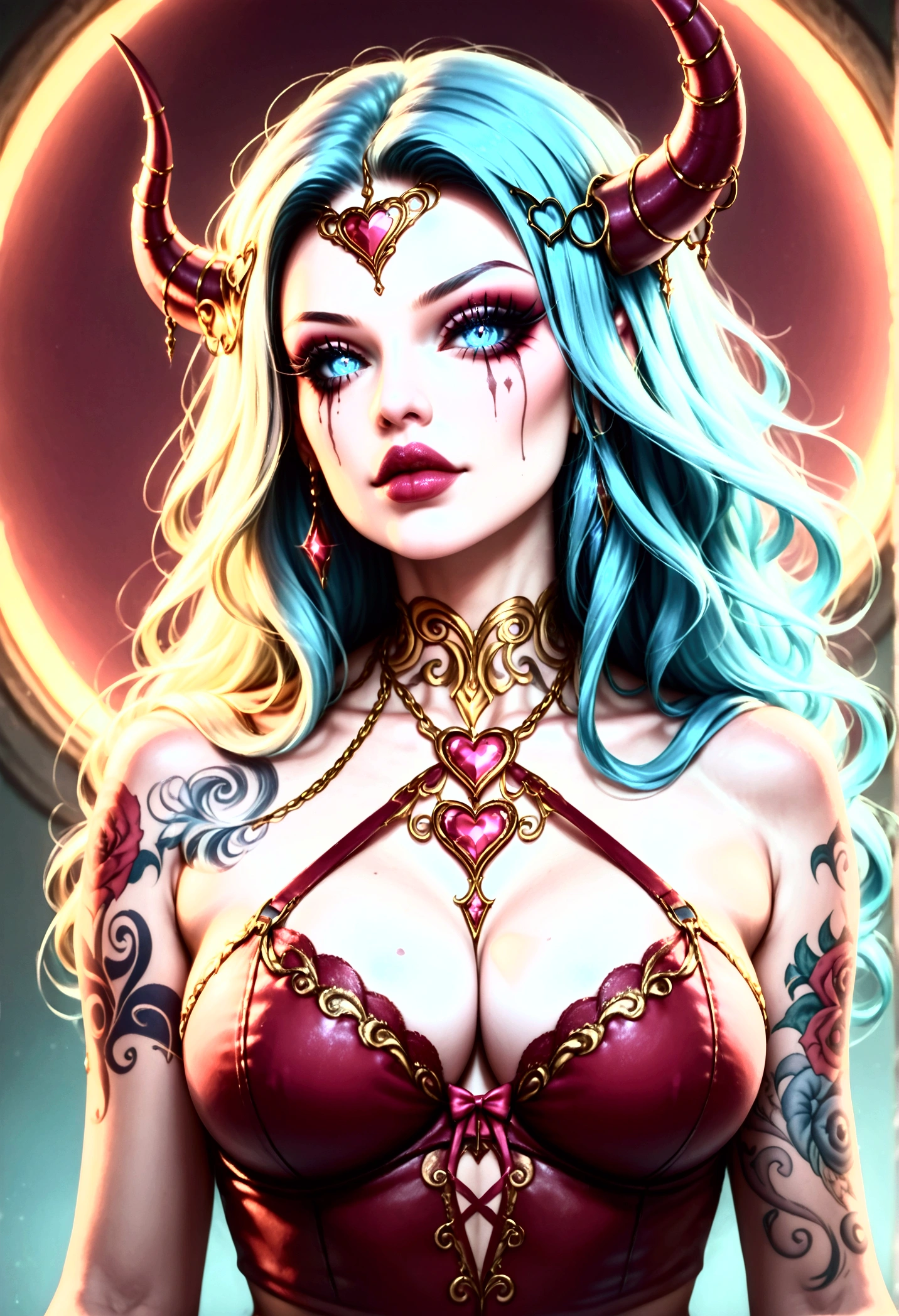 beautiful digital artwork, beautiful digital art, detailed beautiful face, 10k high quality detailed art, very beautiful digital art, digital art. highly detailed, beautiful detailed body, illuminated by a circular light that frames her head (Realisttic:1.2), ultra detailed, A gorgeous red velvet unbuttoned lingerie belt dress, topless, bare shoulders, Create a hyper detailed photograph of a model perfectly simetrical mechanical tattooed curved drop dead gorgeous evil demon queen, Stunningly perfect gorgeous feminine face, realistic makeup, detailed vibrant neon sapphire eyes, long flowing hair, Gentle facial curves, Fuller cheek bones, Smaller and wider-set eyes, Less pronounced jawline, Symmetry perfection Proportion facial features, sexual curved heart shaped mouth, long beautiful tattooed legs, beautiful tattooed arms, perfect feminine curved body figure, detailed perfect silky skin texture, perfectly full round breasts, perfect heart shaped ass, beautiful long tattooed legs, full body, full view, fullbody pose, sexy evil demon queen armor chain Jewels, highlighted by a soft glow that enhances the dreamlike atmosphere.", realistic.HEIC 