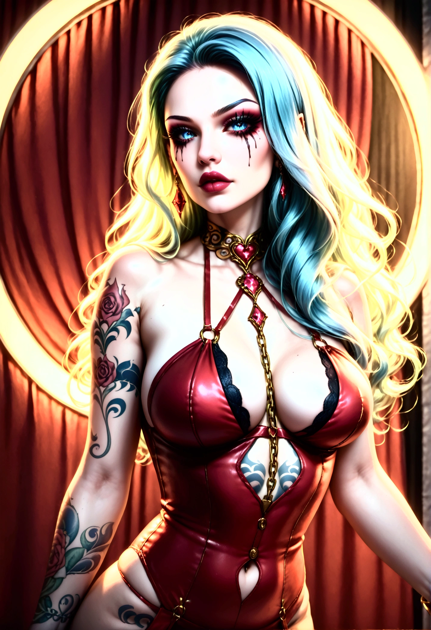 beautiful digital artwork, beautiful digital art, detailed beautiful face, 10k high quality detailed art, very beautiful digital art, digital art. highly detailed, beautiful detailed body, illuminated by a circular light that frames her head (Realisttic:1.2), ultra detailed, A gorgeous red velvet unbuttoned lingerie belt dress, topless, bare shoulders, Create a hyper detailed photograph of a model perfectly simetrical mechanical tattooed curved drop dead gorgeous evil demon queen, Stunningly perfect gorgeous feminine face, realistic makeup, detailed vibrant neon sapphire eyes, long flowing hair, Gentle facial curves, Fuller cheek bones, Smaller and wider-set eyes, Less pronounced jawline, Symmetry perfection Proportion facial features, sexual curved heart shaped mouth, long beautiful tattooed legs, beautiful tattooed arms, perfect feminine curved body figure, detailed perfect silky skin texture, perfectly full round breasts, perfect heart shaped ass, beautiful long tattooed legs, full body, full view, fullbody pose, sexy evil demon queen armor chain Jewels, highlighted by a soft glow that enhances the dreamlike atmosphere.", realistic.HEIC 