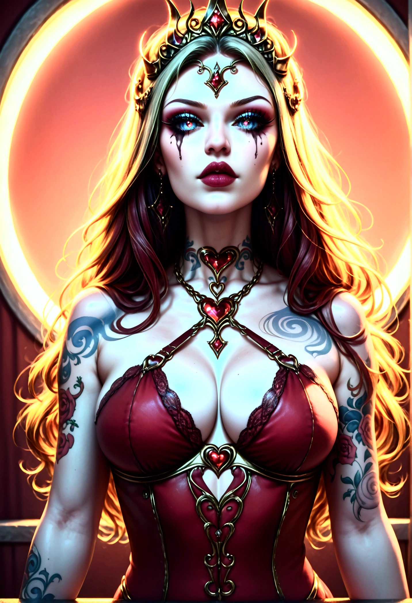 beautiful digital artwork, beautiful digital art, detailed beautiful face, 10k high quality detailed art, very beautiful digital art, digital art. highly detailed, beautiful detailed body, illuminated by a circular light that frames her head (Realisttic:1.2), ultra detailed, A gorgeous red velvet unbuttoned lingerie belt dress, topless, bare shoulders, Create a hyper detailed photograph of a model perfectly simetrical mechanical tattooed curved drop dead gorgeous evil demon queen, Stunningly perfect gorgeous feminine face, realistic makeup, detailed vibrant neon sapphire eyes, long flowing hair, Gentle facial curves, Fuller cheek bones, Smaller and wider-set eyes, Less pronounced jawline, Symmetry perfection Proportion facial features, sexual curved heart shaped mouth, long beautiful tattooed legs, beautiful tattooed arms, perfect feminine curved body figure, detailed perfect silky skin texture, perfectly full round breasts, perfect heart shaped ass, beautiful long tattooed legs, full body, full view, fullbody pose, sexy evil demon queen armor chain Jewels, highlighted by a soft glow that enhances the dreamlike atmosphere.", realistic.HEIC 