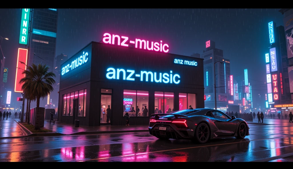 A cinematic, futuristic music studio building prominently displaying 'ANZ-MUSIC' in bold neon lights, situated in a sprawling, modern cityscape. A sleek hypersport car with reflective surfaces is parked outside under the glow of dark neon signs, casting vibrant hues across wet streets. The scene features a moist texture with frosting effects on the building windows, emphasizing the studio's high-tech aesthetic. Captured with a shallow depth of field and vignette effect, the image exudes a moody and epic atmosphere. The setting is highly detailed with film grain, bokeh lighting, and a dramatic cinemascope format, giving it a high-budget cinematic appeal. The environment feels alive with reflections, grainy textures, and an air of luxury and creativity, perfectly framing the music studio