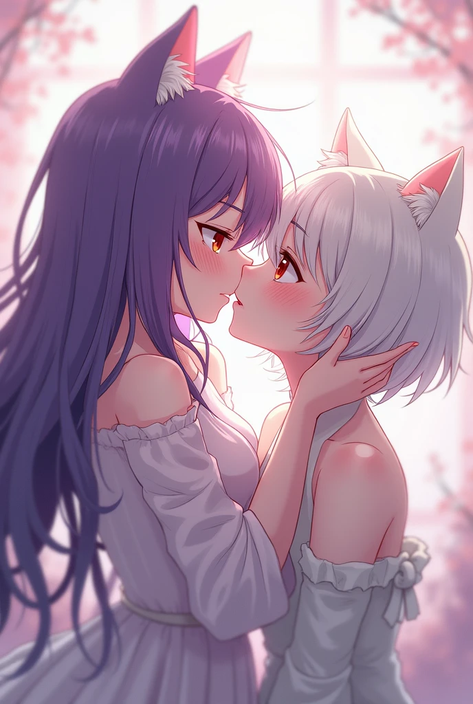 (<lora:inugamiKorone_v10:0.6>, inugami korone, brown hair, dog ears), (<lora:vtuberNekomataOkayu_v10:0.6>, nekomata okayu, pink hairs, cat ears),
(inugami korone kissing nekomata okayu:1.3), yuri, <lora:animeKissesLocon_v1:0.5>, yellow jacket, white onepiece,