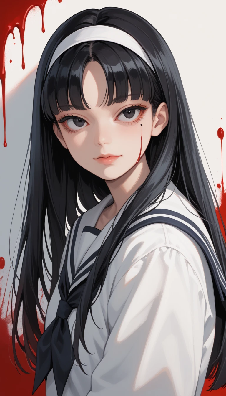 Score_9, score_8_up, score_7_up, score_6_up, source_anime, rating:general, 1girl, gothic girl, pale white skin, black eyes, black hair, long hair, blunt bangs, parted bangs, white hairband, mole under left eye, portrait, sailor suit school uniform, head tilt, sultry look, mysterious, 8k quality, vivid colors, perfect lighting, perfect shadowing, blood splatters, blood drops, blood