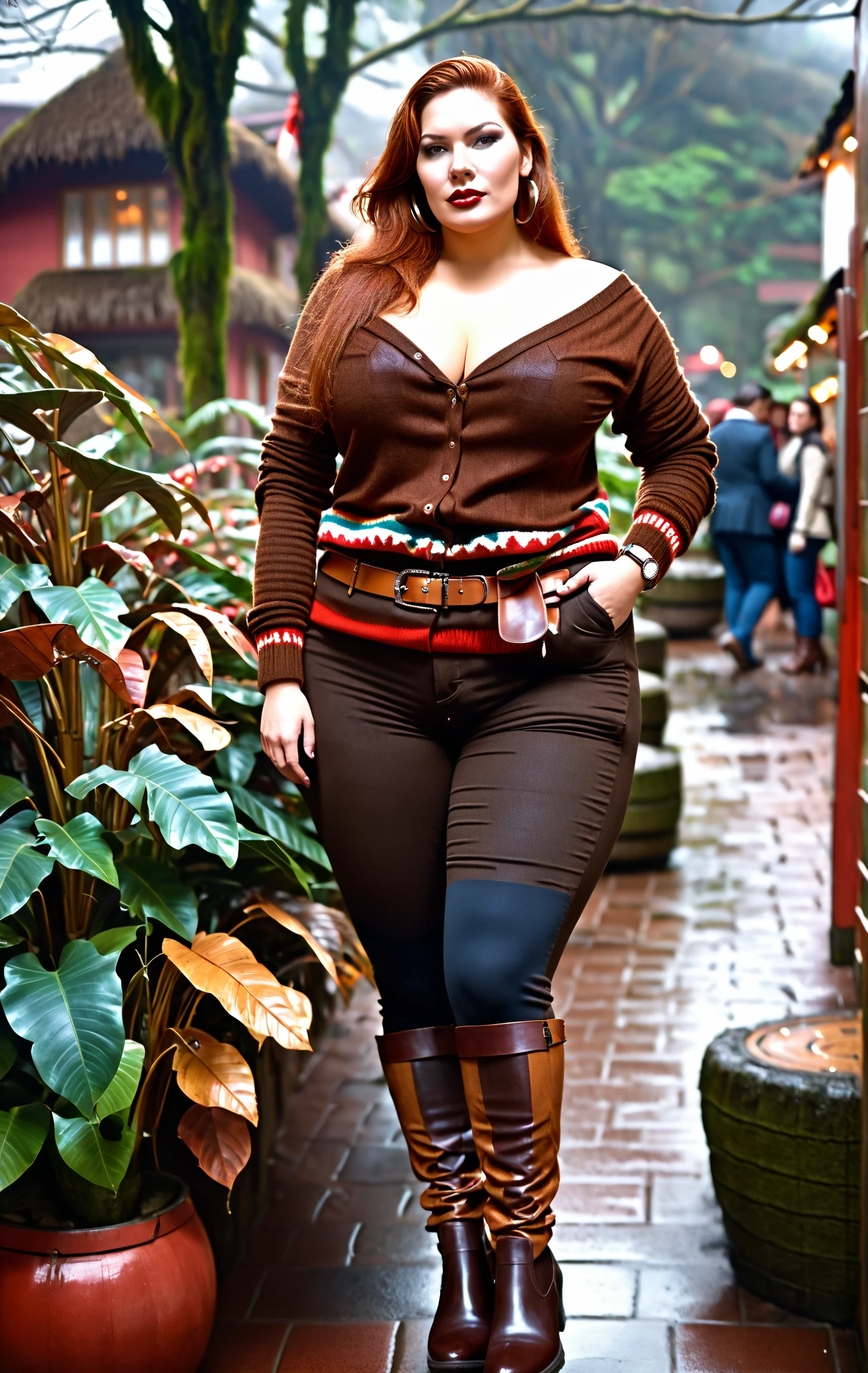 Woman, 27 years old, 1.96m tall. 125kg. Strong and curvy amazonian BBW. Very broad shoulders. Super long legs. Humungous breasts, slightly pointed bosoms. Wearing tight off the shoulder sweater, burnt ember sweater. Lengthy cleavage, deep cleavage. Mohair trousers, brown trousers. Ankles showing. Rainbow belt, big belt buckle. Oxford shoes, brown shoes. Big, ruddy cheeks. Full face, high cheekbones. Chestnut hair with red highlights. Rugged, horny. Mixed Costa Rican and Latvian. Dominant. Ready to flirt. Expressive, vibrant. Teasing, mischievous, rambunctious. Confident body language. Walking through a Christmas village. Turning heads.