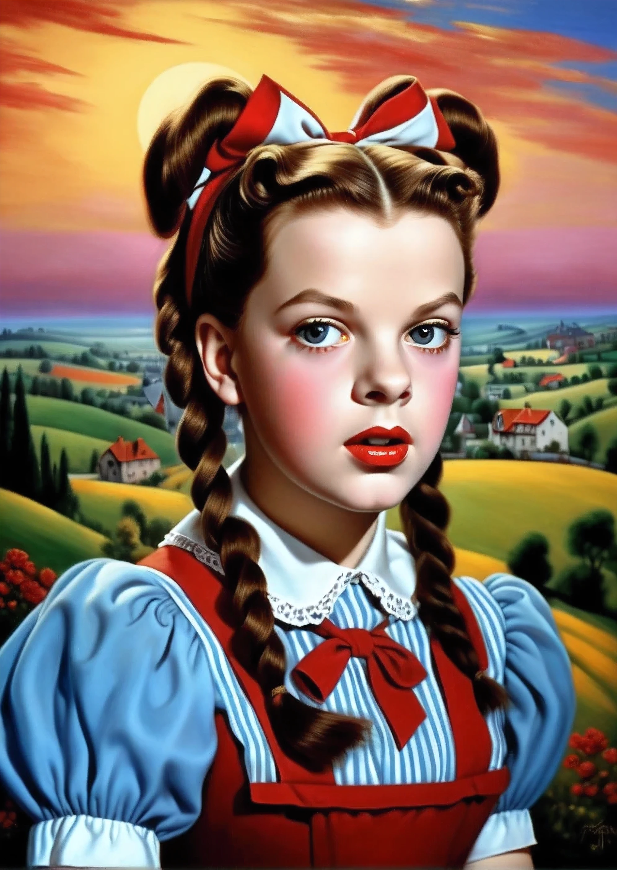 [[( front full figure portrait : young girl Judy Garland as Dorothy  (One!!!)  with big beautiful eyes and hair with ponytails, Crimson)(( Kuno-Amiet style !!!))])):20]/[background: Renaissance landscape , old canvas, ( silver fog sunset ), (( Alexey Savrasov landscape style :1,6))]/[ very colorful ,(( oil painting with a palette knife))(( masterpiece fails)),(( highest detail))]]