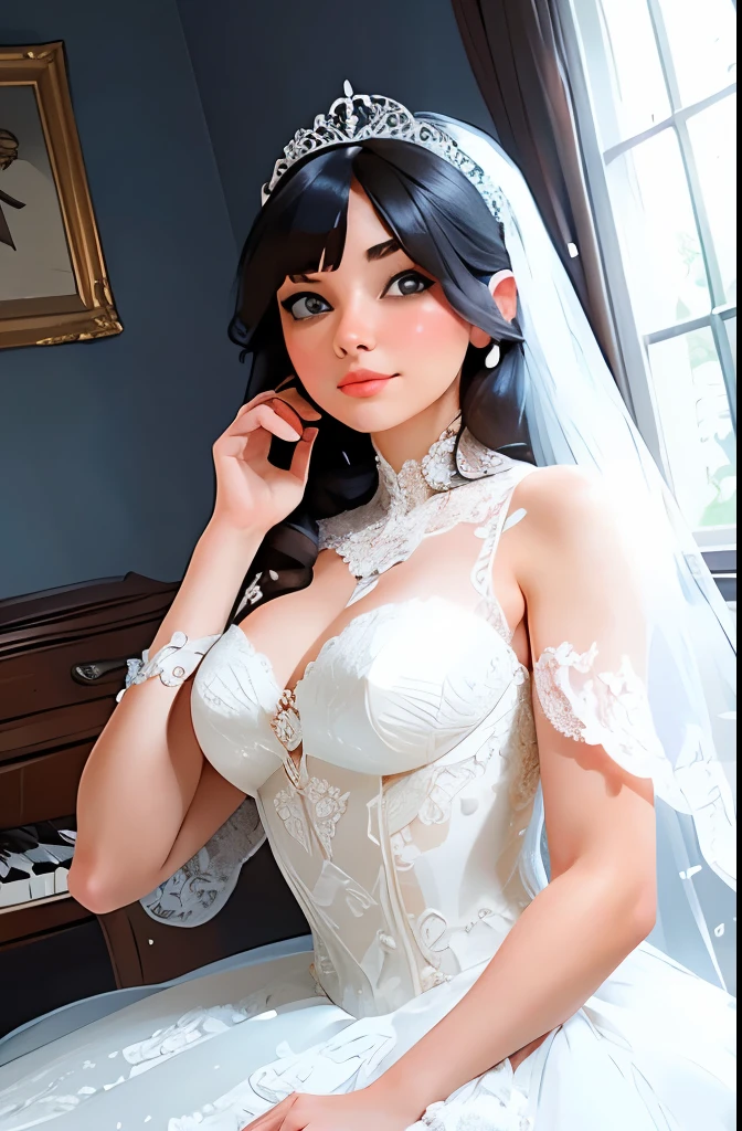 The sexy maid kneels in front of the protagonist princess and strokes the hem of the skirt，Wear both maid outfits and stockings in the background, The protagonist is a noble young princess sitting on a throne wearing a bridal wedding lace dress and stockings, Full body shot, Show off the whole body from head to toe, There are only women on the picture, Background inside the palace, White and even teeth, Makeup, lipstick, Slim body