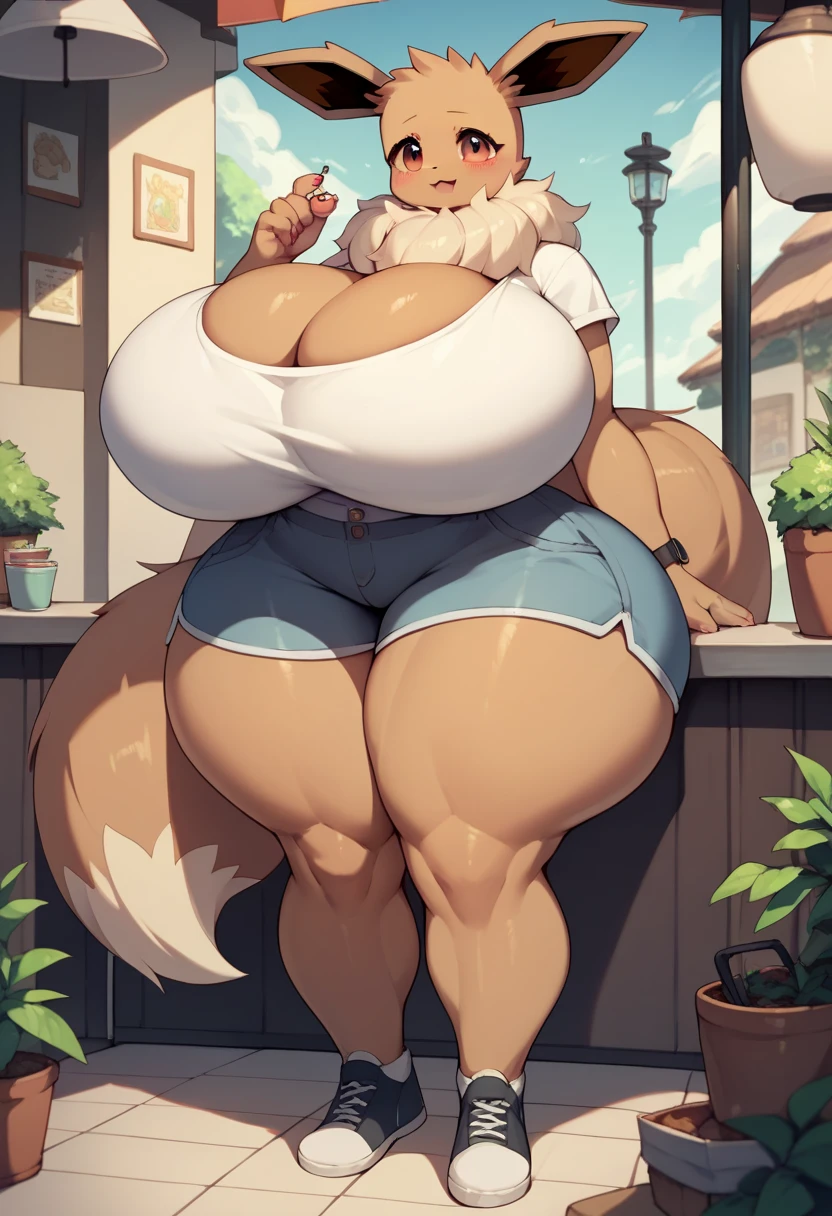 Anime style Eevee furry sexy hot woman,(gigantic breasts) very long huge legs, (very wide huge hips huge ass) in the Café rooms. 