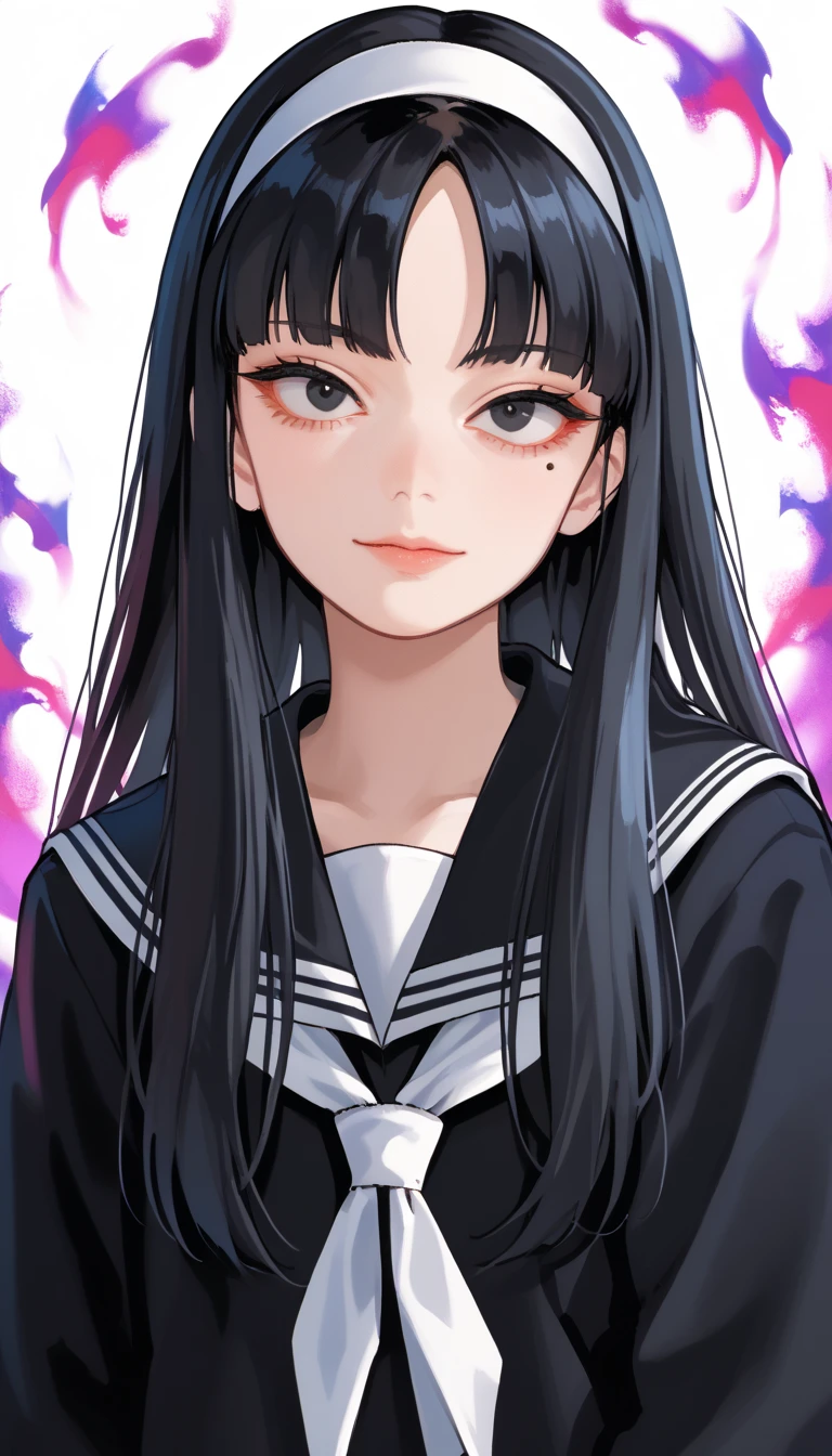 Score_9, score_8_up, score_7_up, score_6_up, source_anime, rating:general, 1girl, tomie, gothic girl, pale white skin, black eyes, black hair, long hair, blunt bangs, parted bangs, white hairband, mole under left eye, portrait, sailor suit school uniform, head tilt, sultry look, mysterious, 8k quality, vivid colors, perfect lighting, perfect shadowing, SmokeyAura, Aura, Smoke, facing viewer 