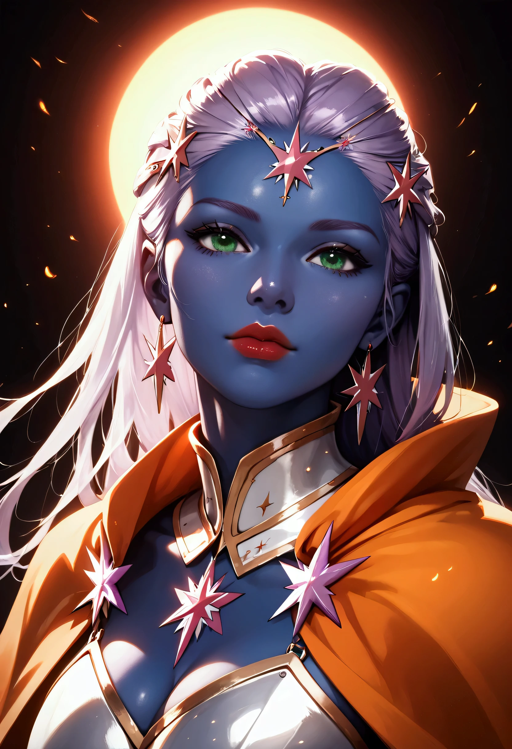 score_9, score_8_up, score_7_up, score_6_up, score_5_up, score_4_up, fantasy art, dnd art, RPG art, an intense details, highly detailed, photorealistic, best quality, highres, facial portrait a female, (( dark blue skin)), intense details facial details, exquisite beauty, cleric, ((dark blue skin)) female, ((lavender hair)), long hair, (((no ears: 1.5))), (green eyes: 1.3), red lips, armed with a fiery sword red fire, wearing (twilight priestly combat vestments: 1.5), wearing (white armor: 1.2), wearing high heeled laced boots, wearing an (orange cloak), wearing glowing sun holy symbol fantasy temple background, reflection light, high details, best quality, 16k, [ultra detailed], masterpiece, best quality, (extremely detailed), close up, ultra wide shot, photorealistic, RAW, fantasy art, dnd art, fantasy art, realistic art,((best quality)), ((masterpiece)), (detailed), perfect face ultra wide shot, Cinematic Shot