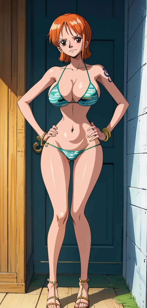 Nami, who has big breasts and beautiful legs, is blushing in a green bikini and standing in the hallway with her hands on her hips。