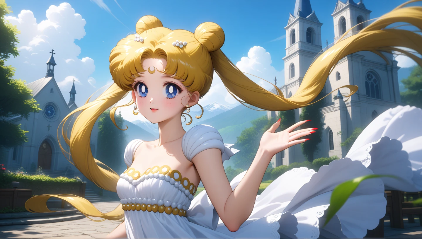 ((Upper body center)) (masterpiece, best quality, very aesthetic , ultra detailed), intriguing details , 4K, blonde hair, double bun, twintails, small breasts, blue eyes, woman 30 years old, red nails, solo, Best quality, masterpiece, High Definition, church, detailed background, intricate details, day, white dress, lush shoulders, waving, Высокое разрешение