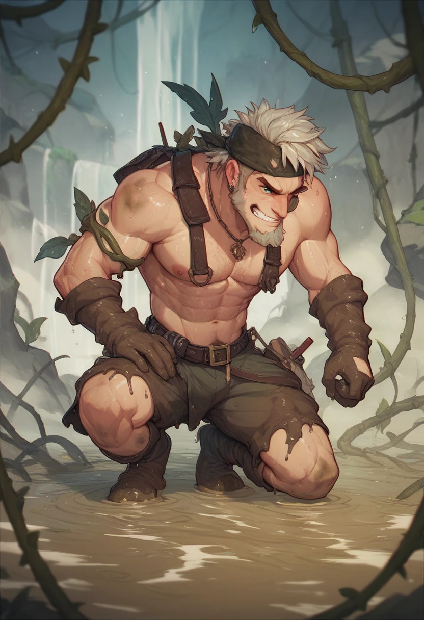Highest accuracy,Muscular man wearing only long boots,Half-squat position,Shirtless,There are scars and camouflage on the body,Lower body erection,Lower body details,Thick pubic hair,The handsome face of youth,The expression is shy,Short white hair,The background is a jungle,Background details are exquisite,Army style