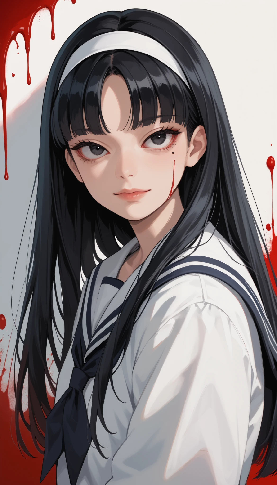 Score_9, score_8_up, score_7_up, score_6_up, source_anime, rating:general, 1girl, gothic girl, pale white skin, black eyes, black hair, long hair, blunt bangs, parted bangs, white hairband, mole under left eye, portrait, sailor suit school uniform, head tilt, sultry look, mysterious, 8k quality, vivid colors, perfect lighting, perfect shadowing, blood splatters, blood drops, blood