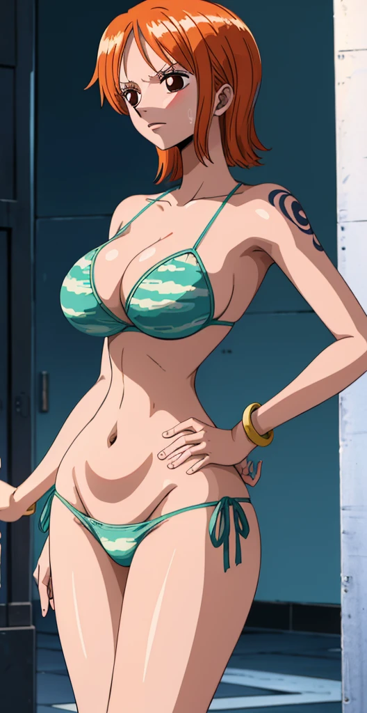 Nami, who has big breasts and beautiful legs, is standing in the hallway blushing in a green bikini。