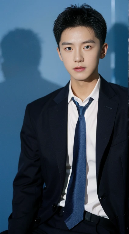 （Handsome Chinese guy：1.5），A man wears formal clothes，ID photo，blue backdrop，No ID photo，exquisite facial features，schoolboy，photore，realisticlying，Business suit,solid blue background