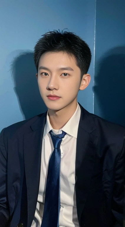 （Handsome Chinese guy：1.5），A man wears formal clothes，ID photo，blue backdrop，No ID photo，exquisite facial features，schoolboy，photore，realisticlying，Business suit,solid blue background