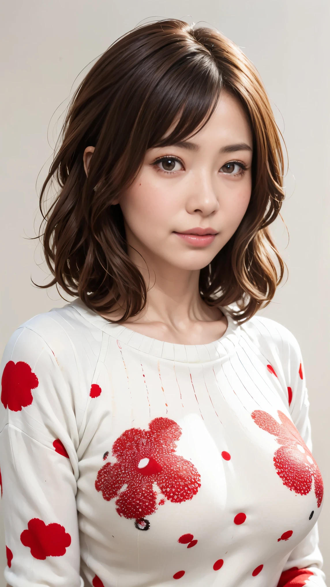 (masterpiece, best quality:1.2),illustration art,Kusama Yayoi's style,simple background,a beautiful girl,Skin detail processing,The eyes are very detailed,sweater,(((Speckled pattern))),red,blue,White,black