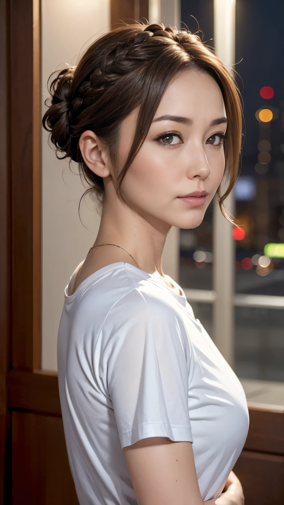 ( Top Quality , high resolution, masterpiece :1.3), pretty girl, slim figure, ( brown hair , braided bun, Very rich hair ), gray t-shirt, (City night view street ), Highly detailed face and skin texture , Beautiful Eyes Ink Art ,