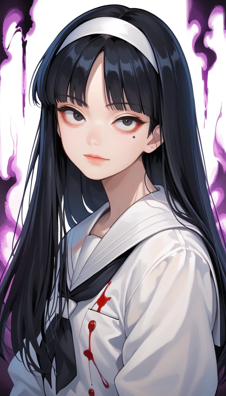 Score_9, score_8_up, score_7_up, score_6_up, source_anime, rating:general, 1girl, tomie, gothic girl, pale white skin, black eyes, black hair, long hair, blunt bangs, parted bangs, white hairband, mole under left eye, portrait, white sailor suit school uniform, head tilt, sultry look, mysterious, 8k quality, vivid colors, perfect lighting, perfect shadowing, SmokeyAura, Aura, Smoke, blood on clothing, facing viewer 