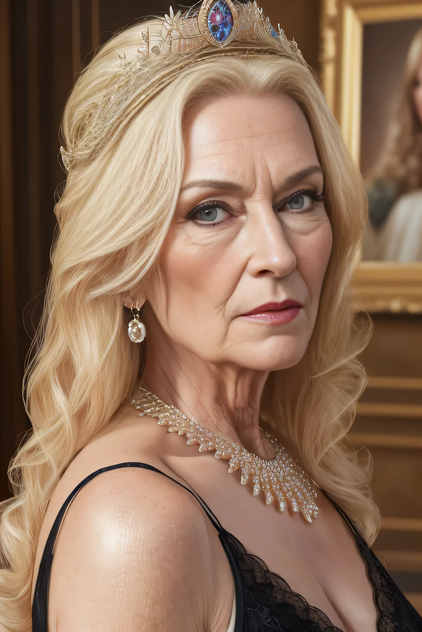 ( top quality ,4K,8k, high image quality, artwork :1.2), very detailed,( realistic ,photo realistic ,photo- realistic :1.37), Hall for people 60 and over々Barrel Madame, queen ,Dominant expression, ( Nancy Patricia D ..........'Alexander Pelosi:1.1), graceful people suitable for mature women over 60々 , Ample curves, Wrinkled Face , short hair, Intense aura, noble domination , real faces using AI technology , lingerie in various colors , In the bedroom, In the garden, see-through lingerie , big ass wearing , bras wearing panties , good, I' I'm looking forward to it , Show me your ass from behind