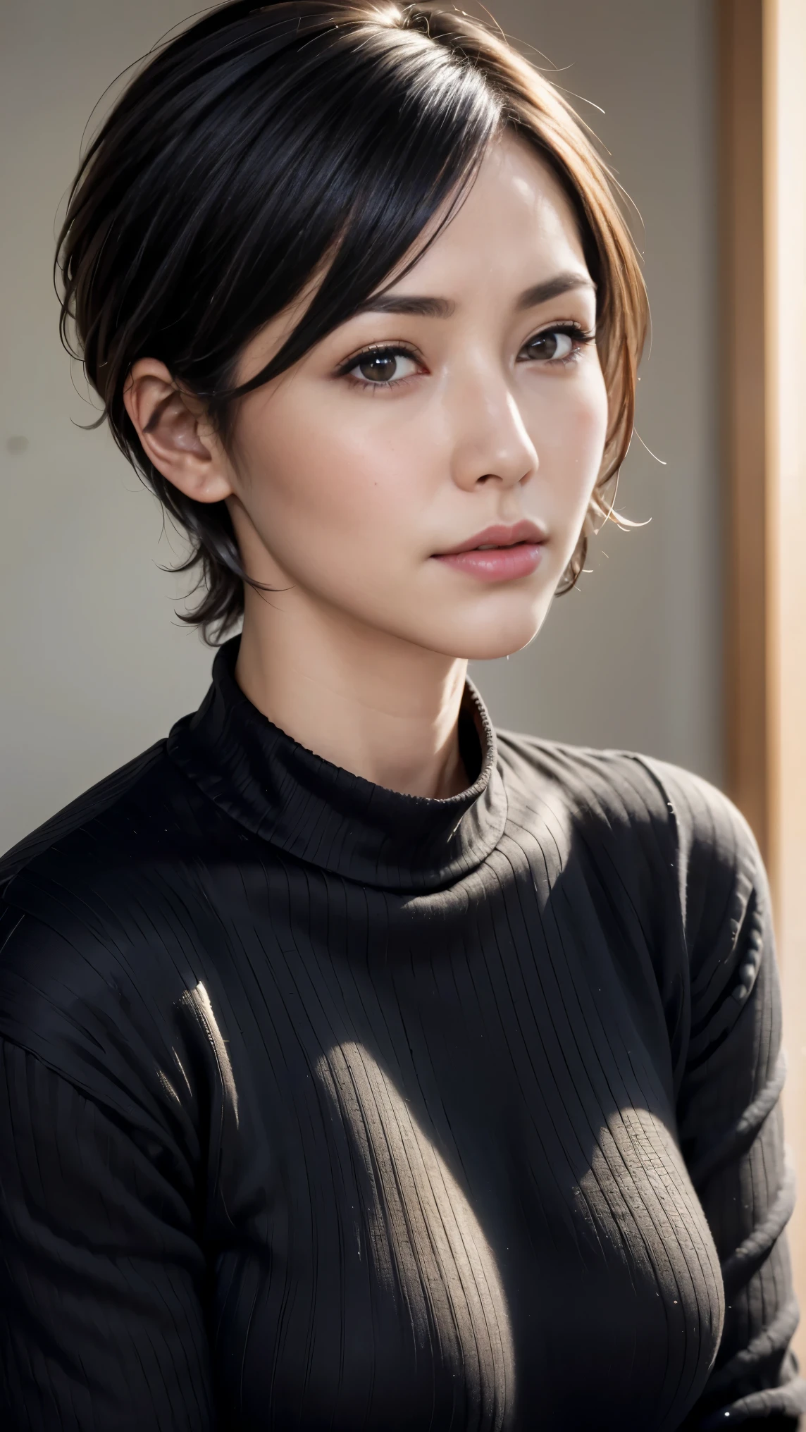 (masterpiece:1.3), (8k, photorealistic, RAW photo, best quality: 1.4), (1girl), beautiful face, (realistic face), (black hair, short hair:1.3), beautiful hairstyle, realistic eyes, beautiful detailed eyes, (realistic skin), beautiful skin, (sweater), absurdres, attractive, ultra high res, ultra realistic, highly detailed, golden ratio