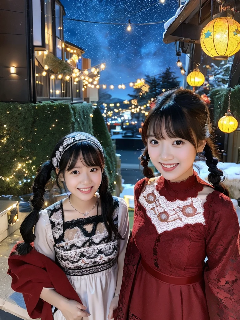  trending at cgstation , Ulzzang,  Gouvais-inspired artwork, With a cute face,  beautiful. beautiful顔.Two Women .Nightsky.starry.moom (8k) Inside hoom room . winter .santa hat. Line-up group .pigtails .((Red Detailed lace pattern)).  (selfee) . Standing.  Smile .Xmas Illumination. Stoking.  drees. necklace. 