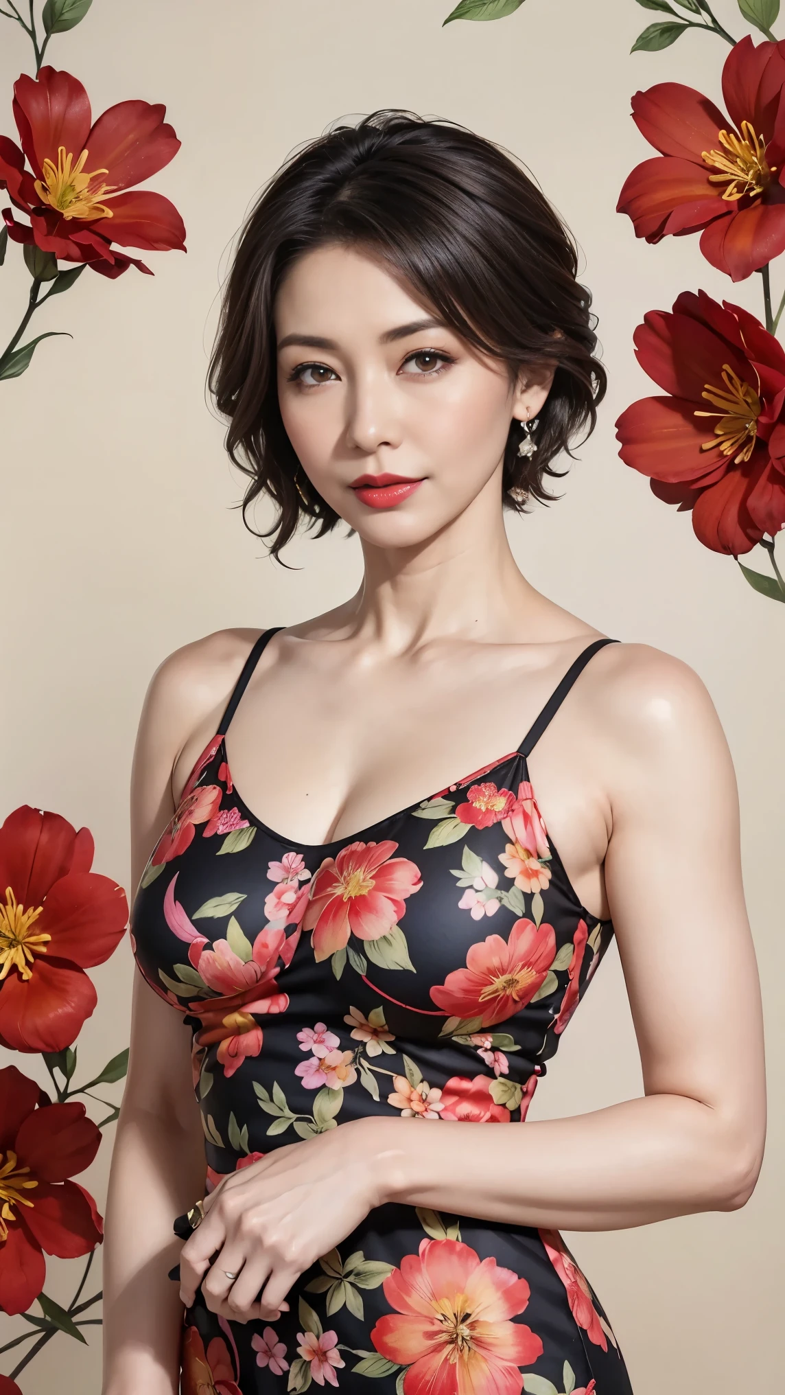 2d, pastel color, watercolor, lineart, ankymoore, 1girl, solo, short hair, simple background, black hair, dress, jewelry, upper body, flower, earrings, black eyes, black dress, makeup, floral print, lipstick, red flower, brown background, red lips, print dress, tan background
