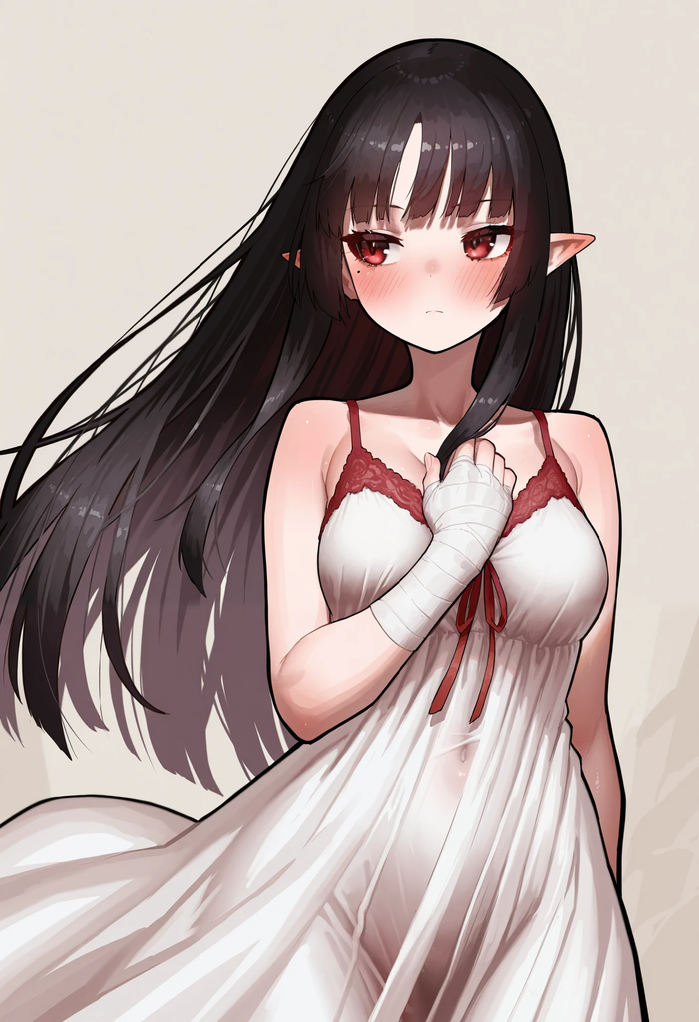 1girl, solo, ekrea jan style, black hair, long hair, straight hair, hime cut, side locks, dark red eyes, mole under both eye, nightgown, flowing dress, sleeveless, white dress, red lace, medium breasts, bandaged hands, pointy ears, hand on chest, blush, facing viewer, looking away, innexpressive, grey background, looking at viewer, masterpiece, best quality, amazing quality, very aesthetic, high resolution