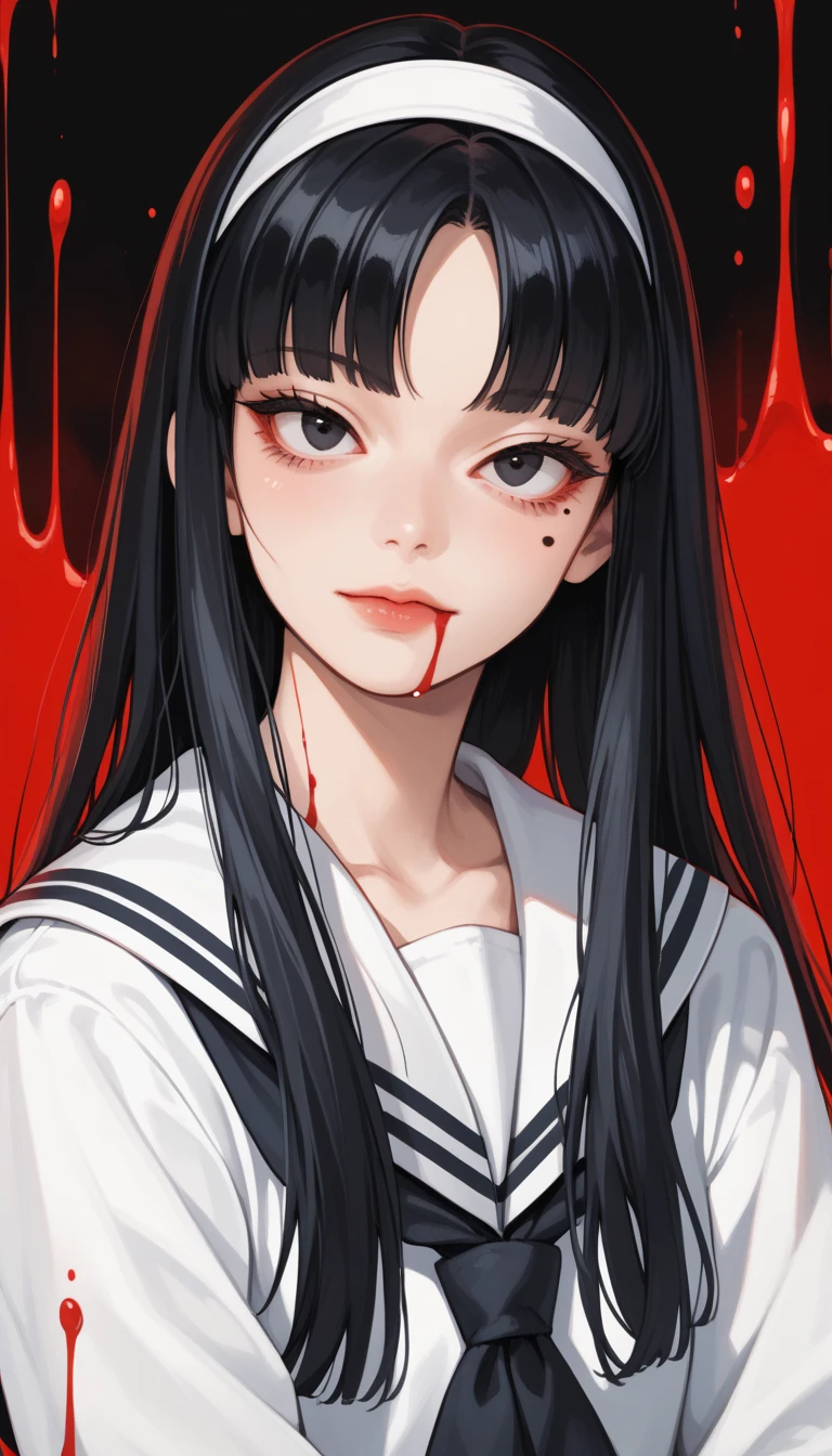 Score_9, score_8_up, score_7_up, score_6_up, source_anime, rating:general, 1girl, gothic girl, pale white skin, black eyes, black hair, long hair, blunt bangs, parted bangs, white hairband, mole under left eye, portrait, sailor suit school uniform, head tilt, sultry look, mysterious, 8k quality, vivid colors, perfect lighting, perfect shadowing, blood splatters, blood drops, blood, excessive blood