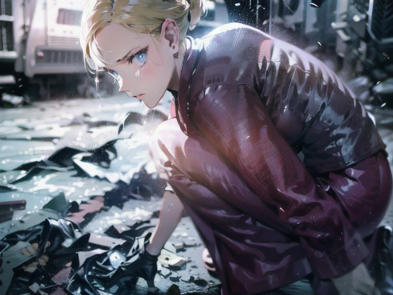 Blonde,  chignon flowing sideways,  blue eyes, Devil Eye,  heart-shaped eyes, Hanging eyes, Hearts in eyes,  Stares/ makes a disgusting face/Dissatisfied,  anime style,  simple background,  Darkness、battlefield、 high res, masterpiece, accurate,  top quality ,  high detail,  high definition model ,   Ultra Fine , One girl 