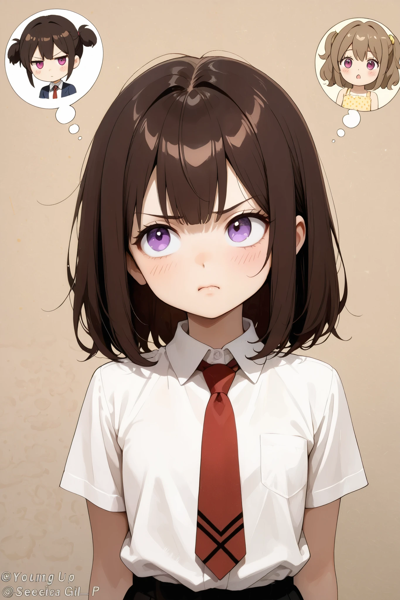 manga artstyle, sepia faded color, shortstack girl, a young school girl with purple eyes, chibi anime expression,  white button up short sleeve top, red tie,  flat chested, (expressive purple eyes), brown hair, annoyed expression, looking up and left deep in thought,