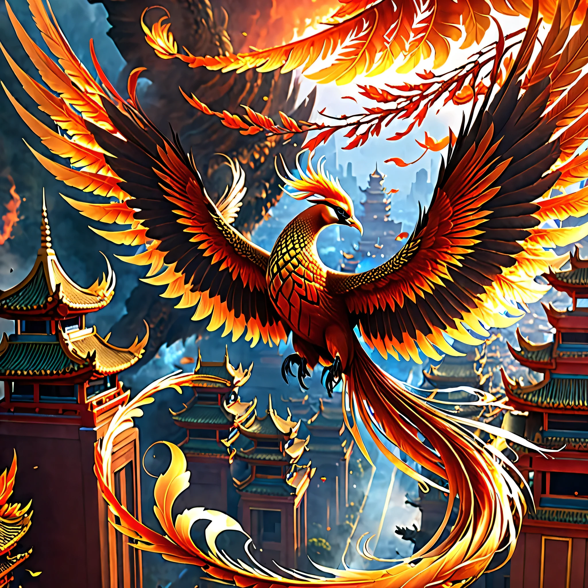 a close up of a bird with a long tail flying through the air, digital art by Yang J, cgsociety contest winner, fantasy art, artwork of a phoenix, ''wallpaper of a phoenix, ''wallpaper of a phoenix resting, phoenix in fire, phoenix rising from the ashes, fiery bird, phoenix rising, phoenix dragon, phoenix-inspired, phoenix warrior