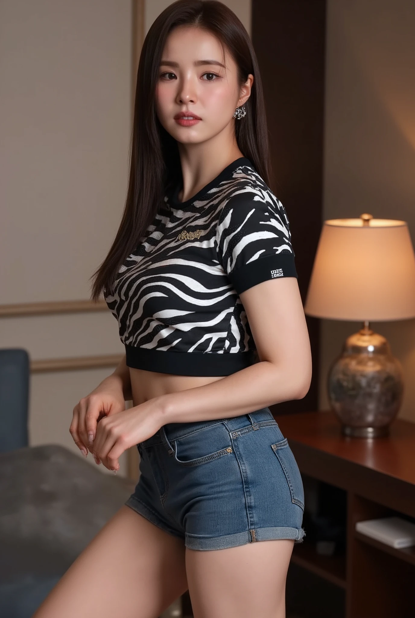  Front view, full body, looking at camera, standing pose, stylish  pose, name  is Shin Sekyung,  beautiful Korea  Young girl is 25-age, (black long hair, natural make, serous , decoration earring), (C cup breast, middle hip), zebra type training shirt,  denim mini pant, training shoes, in my room,  cinematic lighting,  (masterpiece, highest quality, High resolution, Photo realistic, sharp, RAW Photos, wallpaper, perfection, Professional Lighting, Very detailed)