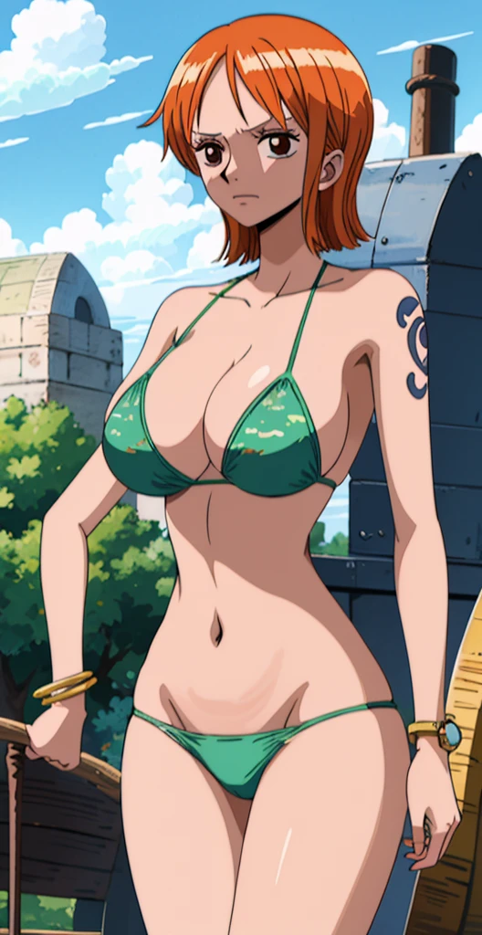 Nami, who has big breasts and beautiful legs, is standing blushing in a green bikini。Nami is held by a bearded middle-aged man。