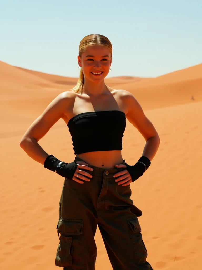 Milly Alcock,blonde ponytail hair,black midriff tanktop,black fingerless gloves,black cargo pants,hands on her hips,soft smile,in the australian desert