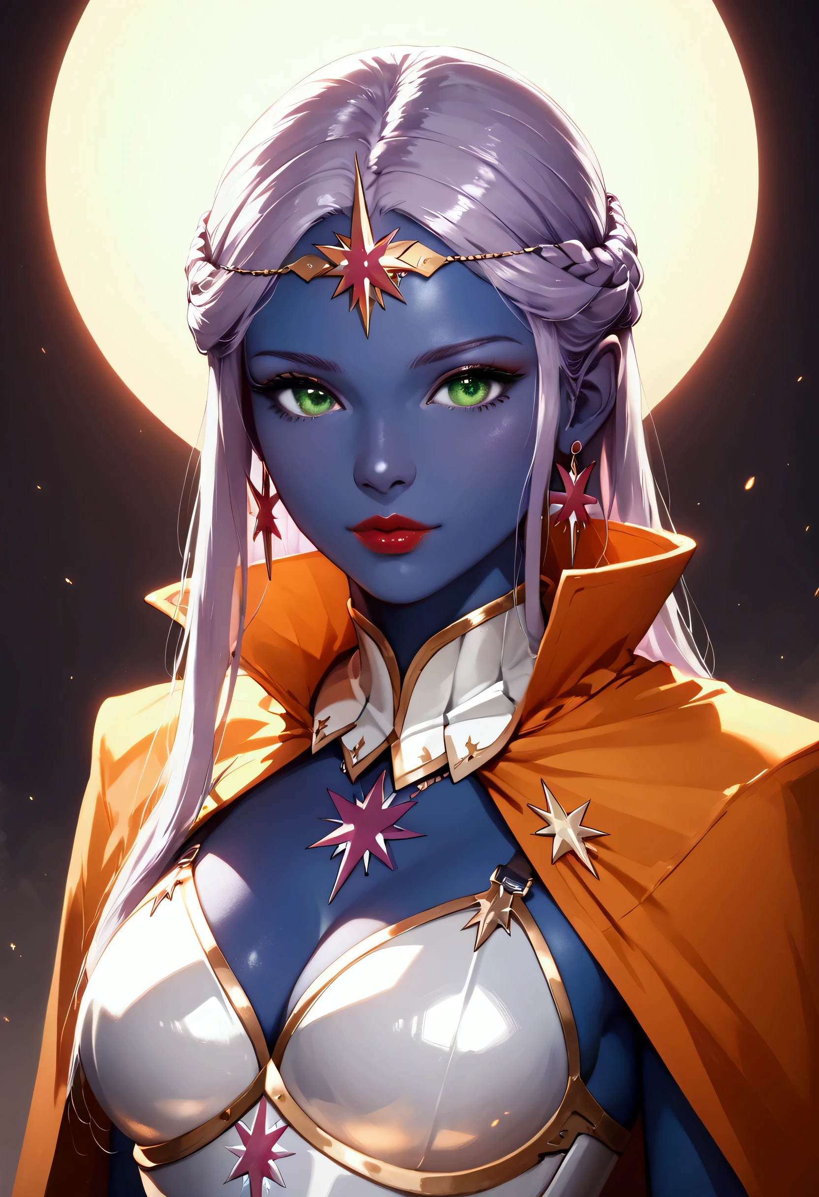 score_9, score_8_up, score_7_up, score_6_up, score_5_up, score_4_up, fantasy art, dnd art, RPG art, an intense details, highly detailed, photorealistic, best quality, highres, facial portrait a female, (( dark blue skin)), intense details facial details, exquisite beauty, cleric, ((dark blue skin)) female, ((lavender hair)), long hair, (((no ears: 1.5))), (green eyes: 1.3), red lips, wearing (twilight priestly combat vestments: 1.5), wearing (white armor: 1.2), wearing high heeled laced boots, wearing an (orange cloak), wearing glowing sun holy symbol fantasy temple background, reflection light, high details, best quality, 16k, [ultra detailed], masterpiece, best quality, (extremely detailed), close up, ultra wide shot, photorealistic, RAW, fantasy art, dnd art, fantasy art, realistic art,((best quality)), ((masterpiece)), (detailed), perfect face ultra wide shot, Cinematic Shot