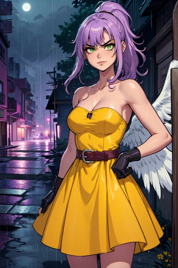 (mejor calidad, Obra maestra), mirando abajo, viento, Partícula, ciudwd de fondo, parte superior del cuerpo, 1 girl, ((angel wings)), ((light skin)), red lips, medium hair, ponytail, (((light purple hair))), ((green eyes)), medium breast, (((yellow dress))), (purple gloves), ((yellow strapless dress)), stockings, frowning, ((insane face angry)), fringe hair, (smiling), hair bangs, (scars on body), long hair, messy hair, (smiling), belt, side bangs, ((wet hair)), ((raining, rainy night)), ((wet)), ((red wounds on the body)), (dark night, moon in far away), (soft neon lights, cyan and purple lights), ((hidden in an alley)), into the shadows