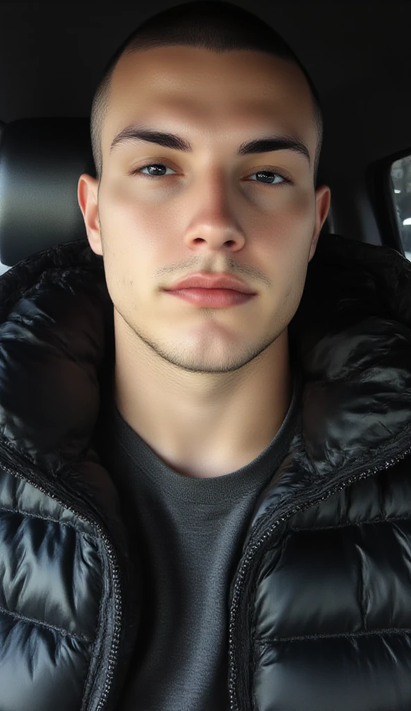 A close-up selfie portrait, in the style of a 35mm Instagram photo, realistic aesthetic. Muted tones dominate the color palette, with subtle contrast and soft, diffused lighting minimizing shadows. **-****-*** boy with a muscular build, shaved hair. expression conveys an imposing presence. wears a big shiny, black puffer jacket, open to reveal his physique. overall image has sharp details and smooth textures, high-quality phone camera shot. photo is a close-up, focusing on the boy's face and upper body. The background is blurred and indistinct, typical of a selfie.
