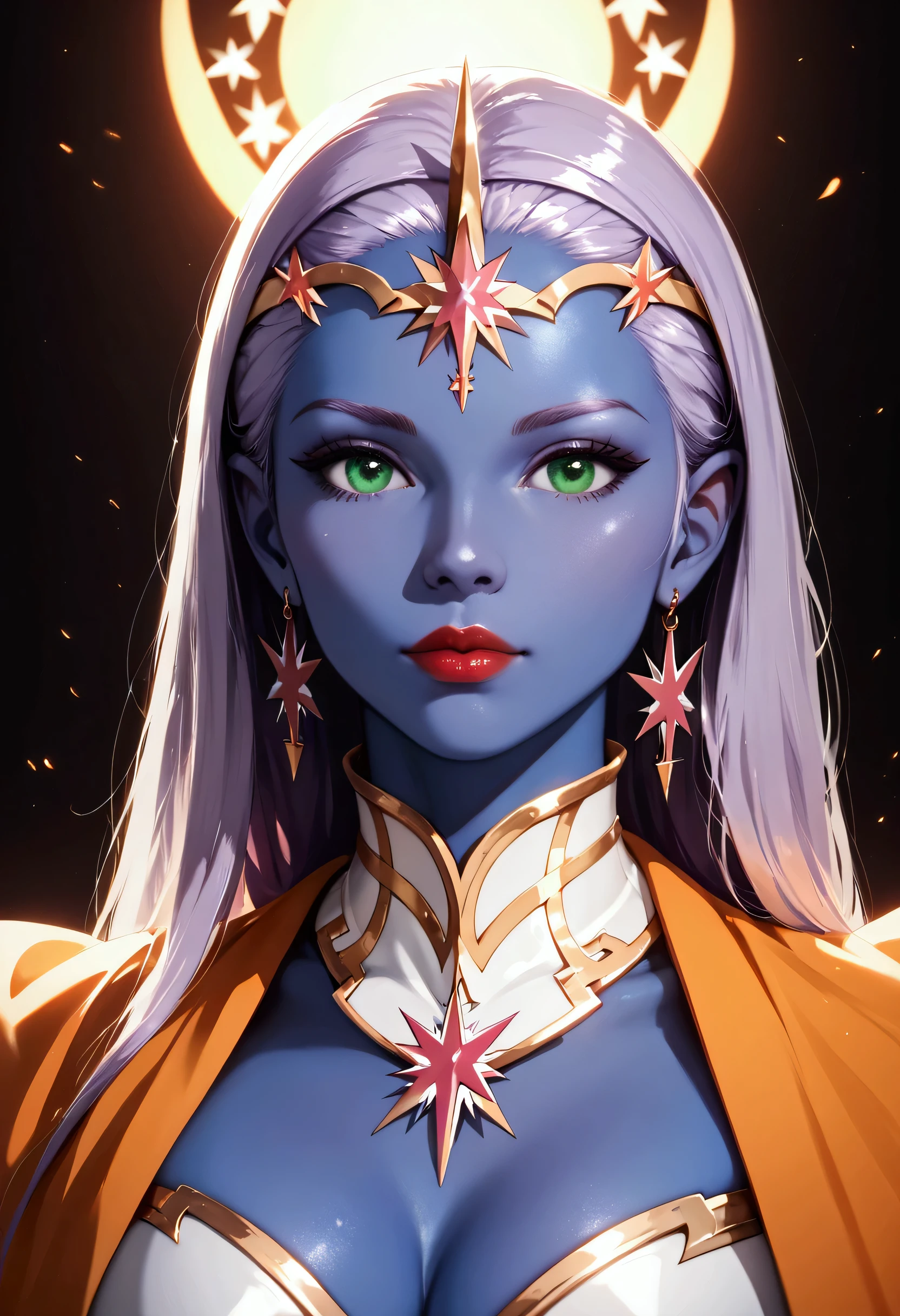 score_9, score_8_up, score_7_up, score_6_up, score_5_up, score_4_up, fantasy art, dnd art, RPG art, an intense details, highly detailed, photorealistic, best quality, highres, facial portrait a female, (( dark blue skin)), intense details facial details, exquisite beauty, cleric, ((dark blue skin)) female, ((lavender hair)), long hair, (((no ears: 1.5))), (green eyes: 1.3), red lips, wearing (twilight priestly combat vestments: 1.5), wearing (white armor: 1.2), wearing high heeled laced boots, wearing an (orange cloak), wearing glowing sun holy symbol fantasy temple background, reflection light, high details, best quality, 16k, [ultra detailed], masterpiece, best quality, (extremely detailed), close up, ultra wide shot, photorealistic, RAW, fantasy art, dnd art, fantasy art, realistic art,((best quality)), ((masterpiece)), (detailed), perfect face ultra wide shot, Cinematic Shot