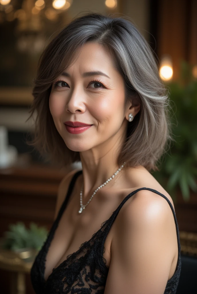  Japanese woman with mixed gray hair , 58 years old,  upper class style and mature beauty  (Mature charm: 1.6),  gentle and refined smile , ( fine lines of laughter : 1.4),  natural Aged and Confident Look , (wavy gray hair: 1.4),  Soft and Natural Wrinkles 、 in the company reception room (1.3),  Sharp Focus ,  high res,  super detail (1.5), Glamorous charm, ( slightly flashy eye makeup : 1.5), (Darker lipstick: 1.4), ( glitter eyeshadow : 1.3), ( voluminous mascara : 1.3),  slim and elegant curves ,  noble and elegant posture ,  sexy and elegant dress （Luxurious silk material 、 Deep Neckline 、1.5）、 luxurious accessories （ Diamond Necklaces and Earrings, 1.4）, Realistic,  realistic  (1.5), masterpiece,  top quality ,  depth of field ,  physically-based rendering ,  noble and seductive atmosphere , background:  luxurious salon （Marble floor、 chandelier、 luxury furniture, 1.5） or night ball venue （ Glamorous Lighting and Classic Decor , 1.4）。