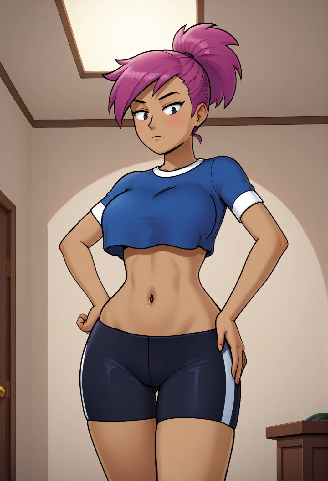 score_9, score_8_up, score_7_up, score_9,4k, HD, 8k, highres, antialiasing, detailed, texture, perspective, cinematic lighting,  enidSDXL, 1girl, solo, ponytail, short hair, large breasts,  blue shirt, navel, cowboy shot,  pink hair, purple hair, dark skin, shorts, midriff, black eyes, crop top, hand on hip, bike shorts, wide hips, room, 