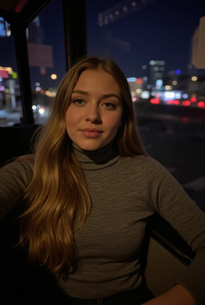 Selfie of a 30-year-old slim woman with long blond hair and gray-blue eyes, wearing a grey turtleneck. She's sitting in a bus bear the window, with the dark night sky and glowing vcity is visible in the background. Her expression is serene and thoughtful, her hair falling softly over her shoulders. Real photography, photo at night light.