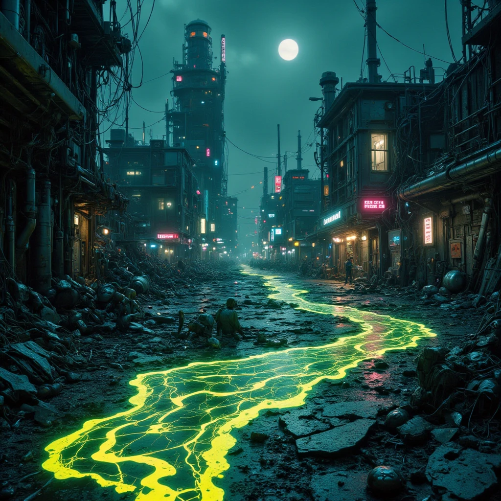 A desolate radioactive wasteland sprawls under a dim, oppressive sky, its surface fractured by jagged cracks and oozing with highly detailed, otherworldly slime. The ground is a tapestry of decay, with pools of phosphorescent sludge glowing in vibrant hues of green, yellow, and sickly turquoise. The slime ripples and churns unnaturally, as if alive, with intricate patterns of bio-luminescent veins running through its gelatinous texture. Thin tendrils of the substance stretch and snap as it clings to nearby surfaces, adding an unsettling vitality to the scene.

Sparse vegetation, twisted and skeletal, rises sporadically from the toxic mire, coated in a glistening layer of slime that drips languidly into the irradiated soil. Each droplet lands with a soft, wet hiss, releasing faint wisps of neon vapor that linger in the heavy air. The metallic haze refracts light into fractured, distorted beams that illuminate the wasteland's grotesque details.

Rusted remnants of machinery poke through the slime, their corroded surfaces encrusted with hardened deposits of viscous residue. Pipes, half-buried in the sludge, leak glowing, viscous liquids, their streams merging with the slime to form intricate rivulets that snake across the terrain.

In the distance, towering remnants of industrial structures loom, their skeletal frames dripping with slimy tendrils that dangle like grotesque curtains. The faint sound of squelching echoes as the slime shifts and bubbles, its surface occasionally breaking to reveal glimpses of writhing, shadowy shapes beneath.

The atmosphere is suffused with an eerie luminescence, casting shimmering reflections off the highly detailed pools of slime. The texture is uncanny—smooth yet fibrous, wet yet solid in places, capturing the unnatural fusion of organic decay and synthetic corruption.