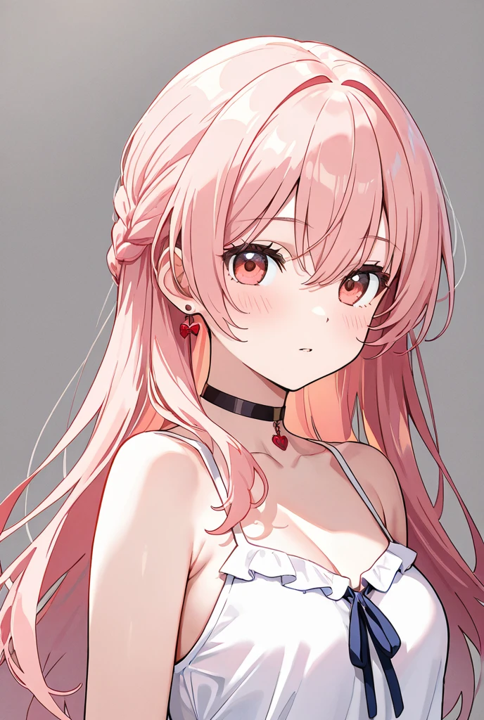 (masterpiece, top quality, very aesthetic, 4k、illustration), intricate detail, 1woman,solo,contrapposto 、Strong glowing eyes、,(cowboy shot)、、(Shedding red tears:1.3),beautiful face、expressionless、straight hair、(fluorescence pink gradient hair)、multicolored hair,hair ribbon,middle hair,sidelock ,レッド　eyes、white lace camisole Dresses、small breasts、Slim 、white background