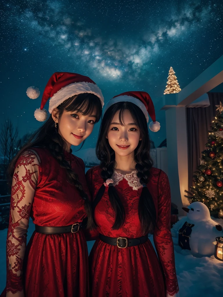  trending at cgstation , Ulzzang,  Gouvais-inspired artwork, With a cute face,  beautiful. beautiful顔.Two Women .Nightsky.starry.moom (8k) Inside hoom room . winter .santa hat. Line-up group .braid .((Red Detailed lace pattern)).  (selfee) . Standing.  Smile .Xmas Illumination. Stoking. Red drees. . 