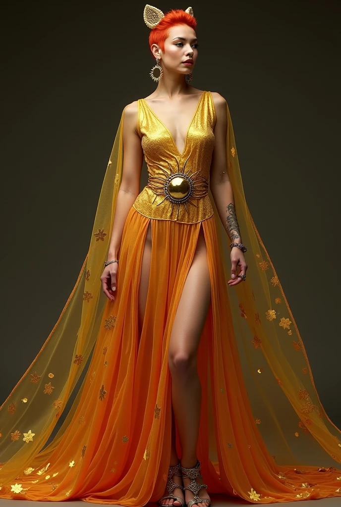 Asian Generation Z, wearing gold and slightly black fitted dress outfit knee length, Holding gold lighted scepter, Wearing gold high heels, Dark background