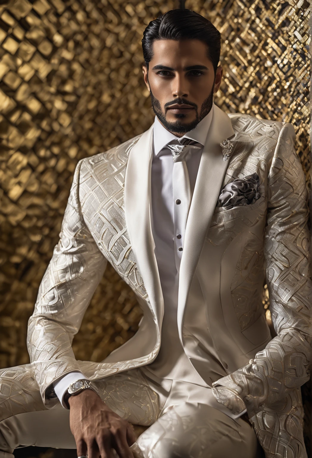 Certo, vamos criar uma imagem mental de um terno extremamente luxuoso e elegante, o mais caro do mundo. Here's the description:
Terno: The suit is black, feito de um tecido exuberante e raro, com uma textura suave e brilhante. Every seam is meticulously handcrafted, displaying a unique and intricate pattern. The buttons are made of platinum set with diamonds, shining in the ambient light. The lapel is adorned with white gold fillets, intertwined in a sophisticated pattern. The inner lining is pure silk, with an exclusive pattern created by a renowned artist.
Homem vestindo o terno: The man wearing this suit has impeccable posture and a confident expression.. He is depicted in a realistic art style, com todos os detalhes do seu rosto, from subtle lines to determined expression. Hair is perfectly combed, complementing your elegance.
Camera and focus: The camera capturing the image is a high-end professional camera. The focus is clearly on the man and his suit, destacando cada detalhe e textura. The camera lens is a high-resolution lens, capturing even the smallest details.
lighting: the lighting is soft, but dramatic, emphasizing contrasts and highlighting the details of the suit. Um foco de luz central destaca o homem e seu traje, enquanto luzes laterais suavemente iluminam o ambiente ao redor.
Fundo e ambiente: The background is a luxurious hall, with walls covered in dark wood and polished marble floors. No ambiente, there are details of valuable works of art and elegant furniture, adding an atmosphere of opulence.
Cores: Predominantemente tons de preto, com detalhes em ouro, platina e branco. A seda do forro interno exibe cores ricas e vibrantes, contrastando com a sobriedade do exterior.